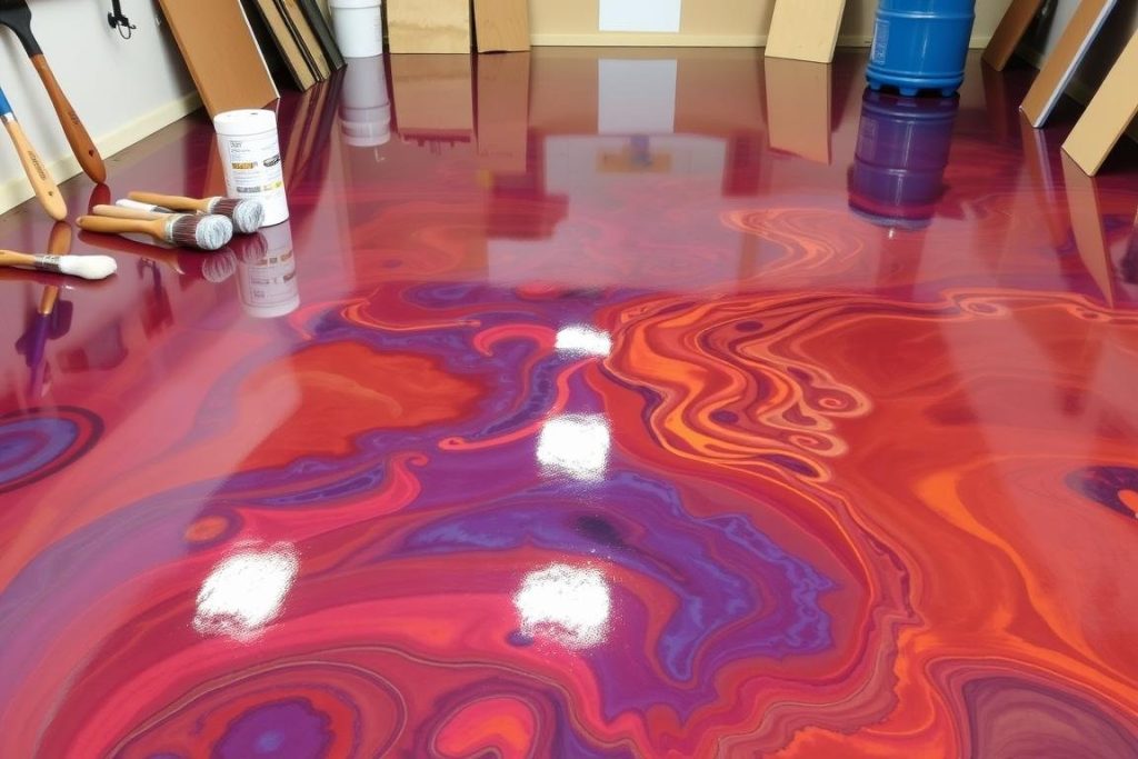 Piso epóxi metálico com efeito marmorizado em tons de vermelho, laranja, roxo e azul, com acabamento brilhante.