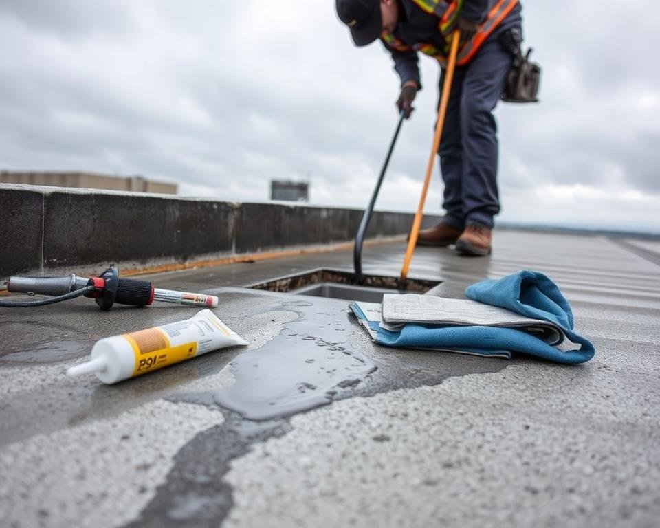 Profissional realizando manutenção em cobertura, com ferramentas e selante sobre o piso úmido próximo a um ralo aberto.