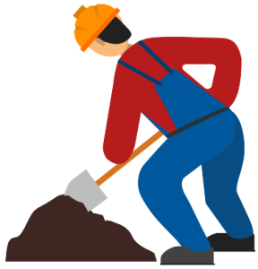 Ilustração de um trabalhador usando capacete e macacão, inclinado enquanto cava um monte de terra com uma pá.
