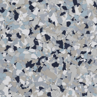 Piso epóxi flocado cinza, branco e azul para ambientes industriais