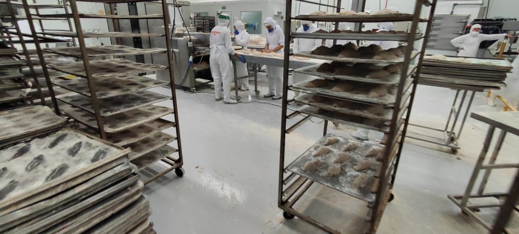 Linha de produção de panificação com piso epóxi cinza, carrinhos metálicos com bandejas e equipe de colaboradores manipulando massa.