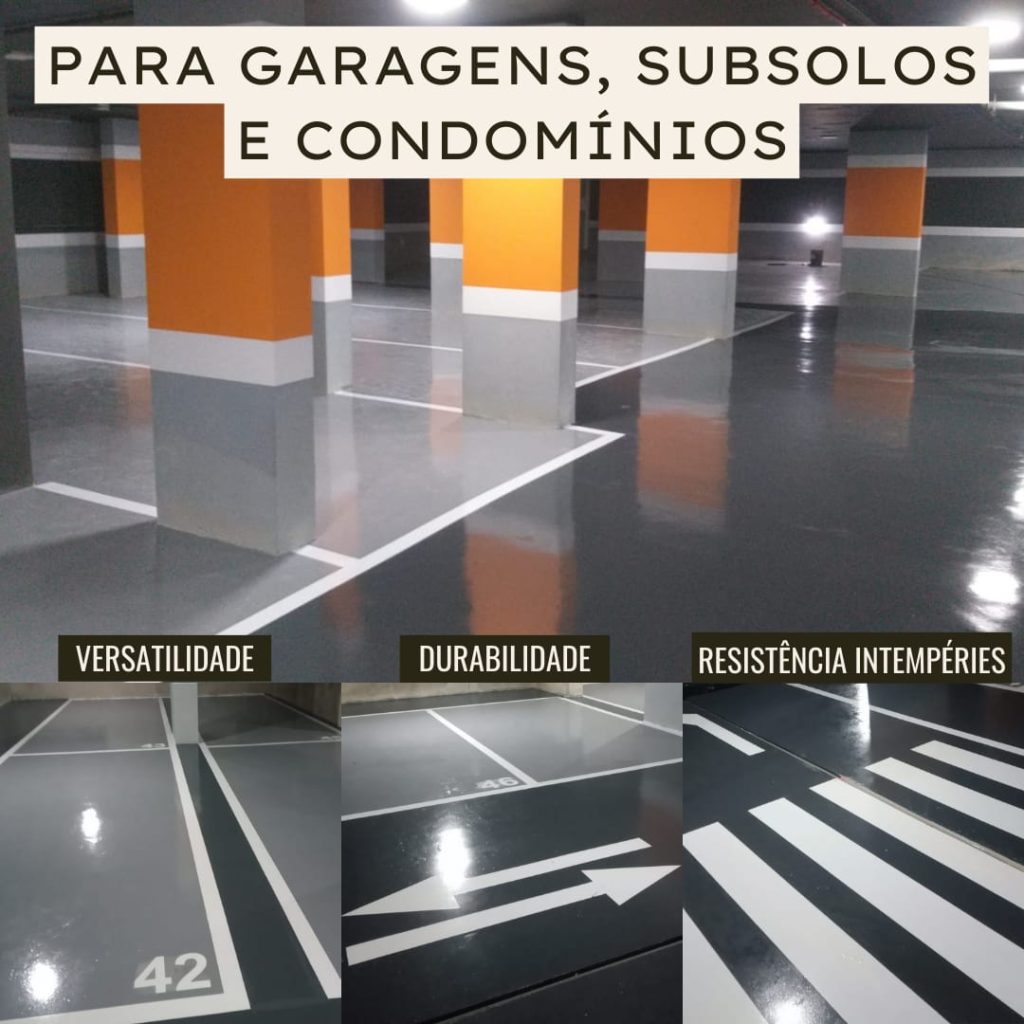 Garagem com piso epóxi cinza e laranja, com marcações brancas e colunas pintadas.