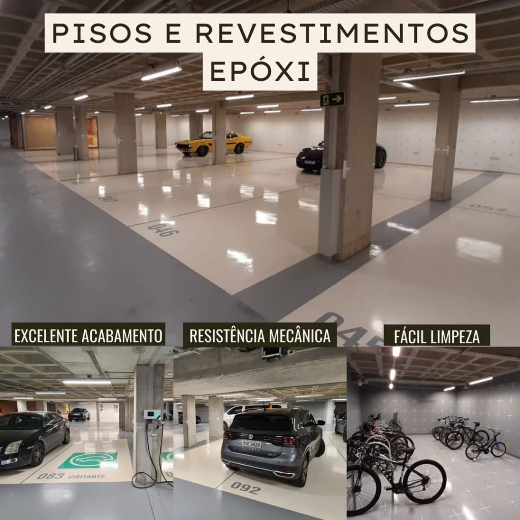 Estacionamento com piso epóxi claro mostrando acabamento uniforme e resistência mecânica.