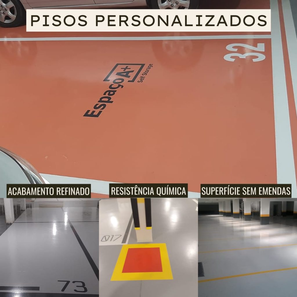 Piso epóxi personalizado laranja com marcação de vaga e acabamento brilhante.